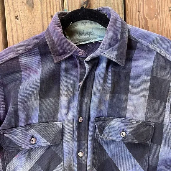 Handmade Tie Dye Purple & Black Plaid Utility Shirt Shacket - Unisex Size Large - Picture 4 of 9